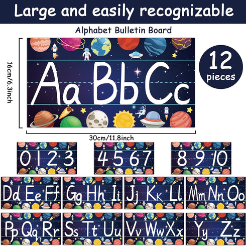 gisgfim 12 Pieces Alphabet Bulletin Board Strips Set Outer Space Alphabet Line ABC Alphabet Banner & Number Border Space Posters for Preschool Kin...
