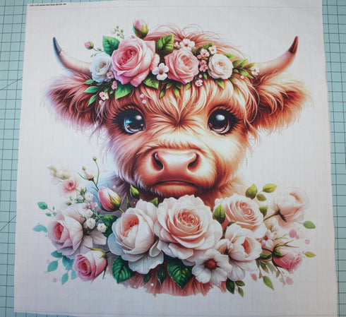 Fabric Panel 14"x14" Floral Baby Highland Cow 100% Cotton Quilting Panel Square L491...