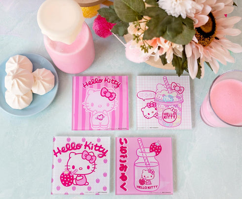 Sanrio Hello Kitty Strawberry Milk Glass Coasters for Drinks, Set of 4 | Tabletop Protection for Home Kitchen, Dining Room Table...