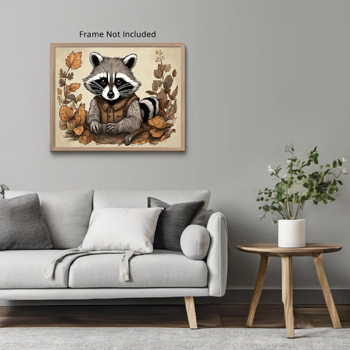 Posterizer 1 pcs- A raccoon sitting behind a table with orange leaves-Art for Animal Lovers-Floral Botanical Art- Gift for Men Women -Decor for Be...