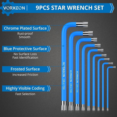 9PCS Star Wrench Key Set T10-T50, Metric Long Arm Star Key Set L-key with Visible Coding for Bike Motorcycle Repair Furniture Assembly Household D...