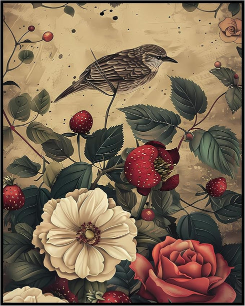 Posterizer 1 pcs-wild surreal flowers with a pretty bird-Floral & Botanical Art-Abstract & Modern Art-Decor for Home & Office- UNFRAMED Wall Art...