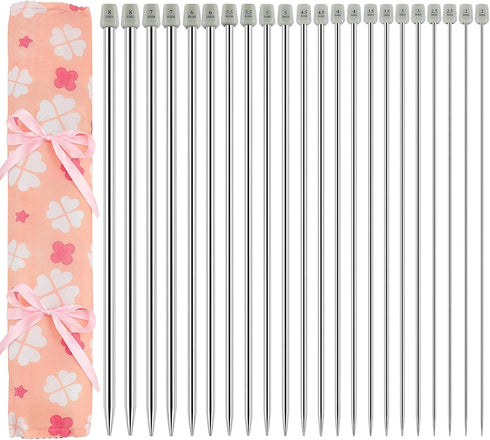 Hysagtek 22 Pcs Knitting Needles Set, 14 Inches Stainless Steel Straight Single Pointed Knitting Needle Kit Metal Knitting Kit in Different Sizes ...