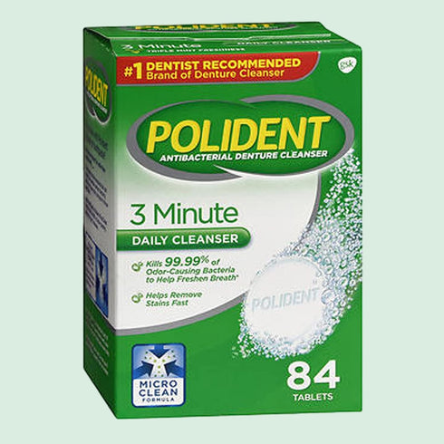 Polident 3 Minute Denture Cleaner 84 Tablets Bundle Dentu-Care Premium Denture Box with Strain and Retrieval Tab for Dental Guard, Retainer, False...
