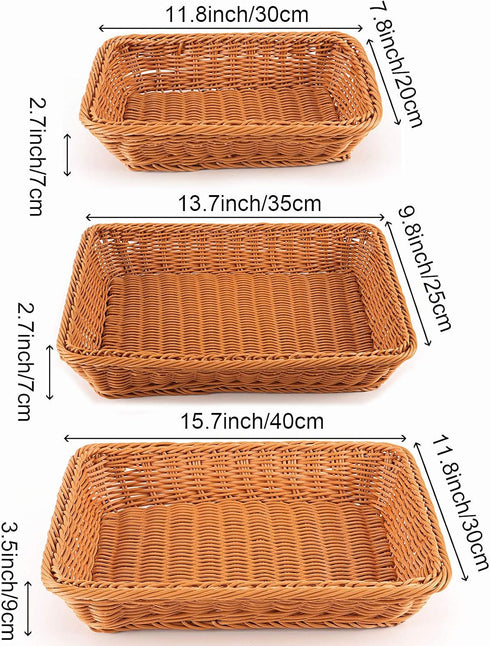 ZOENHOU 3 Packs Poly Wicker Bread Basket, 16” 14” 12” Handmade Woven Empty Gift Basket, Tabletop Wicker Serving Baskets for Home Restaurant Hotel ...