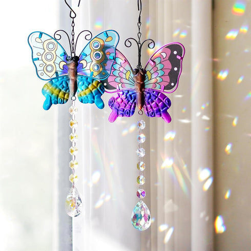 Set 2 Metal Butterfly Suncatchers for Windows - 14" Outdoor Fence Wall Art Decor, Rainbow Prisms Sun Catchers with Crystals Hanging for Home Garde...