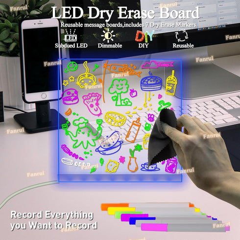Fanrui Acrylic Dry Erase Board Multifunctional 7 Colors Remote Control Light 5.9x5.9" Clear Desktop Note Memo Board with Timmer & Dimmer, Rewritab...