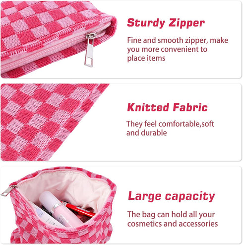 3Pcs Checkered Makeup Bag for Women Large Cosmetic Bag Set Travel Toiletry Bag Makeup Pouch Bag for Purse Pink Zipper Storage Bag Organizer Cute S...