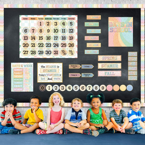 162 Pcs Pastel Checkerboard Classroom Calendar Bulletin Board Set for Teachers Seasons Weather Days of the Week Chart Bulletin Board Calendar Set ...