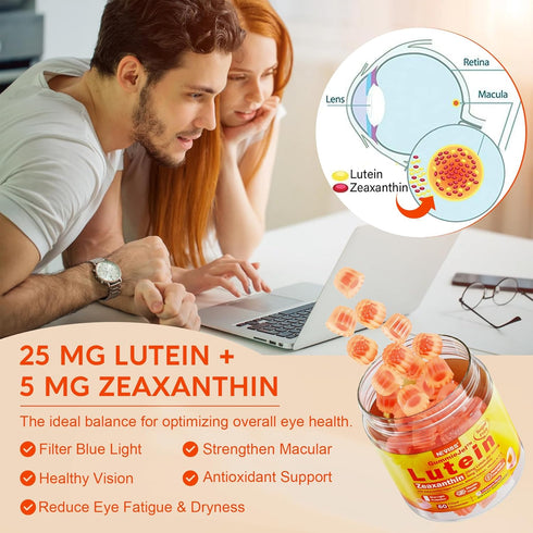 Sugar-Free Lutein Zeaxanthin Supplements Gummies (25mg) Vitamins A, C, E, Bilberry, Astaxanthin - with Coconut Oil for Better Absorption - for Adu...