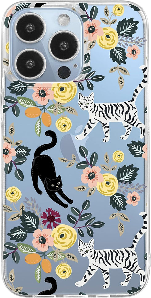 Blingy's Compatible for iPhone 13 Pro Max Case (6.7 inch), Cute Cat Style with Flower Pattern Fun Floral Animal Design Transparent Soft TPU Protec...