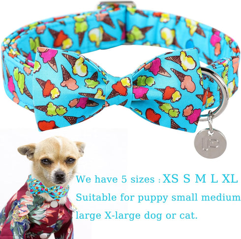Summer Dog Collar with Bow Tie, Cotton Cute Bowtie Dog Collar, Summer Bowtie Collar for X-Large Boy Girl Dog, Comfortable Blue Dog Collar with Met...