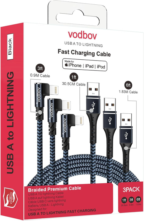 iPhone Charger Lightning Cord 3Pack 1FT 3FT 6FT Right Angle MFi Certified Cable Braided USB Charging Wire High Speed Black......