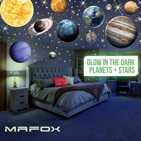 Glow in The Dark Planets, Bright Solar System Wall Stickers -Sun Earth Mars and so on,9 Glowing Ceiling Decals for Bedroom Living Room,Shining Spa...