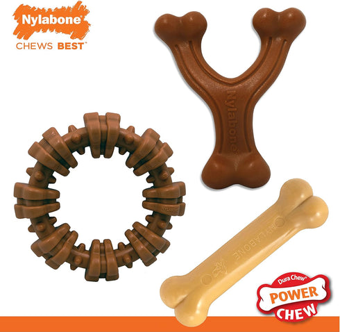Nylabone Power Chew Customer Favorites Dog Toy Bundle, Indestructible Dog Chew Toys for Aggressive Chewers, 3 Shapes and Flavors, Flavor Medley, S...
