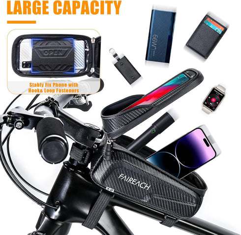 Bike Frame Bag, Large Capacity Top Tube Bike Bag with Sensitive Touch Screen Function & Sun-Visor, Waterproof Bike Phone Bag for Smart Phones 5.5”...