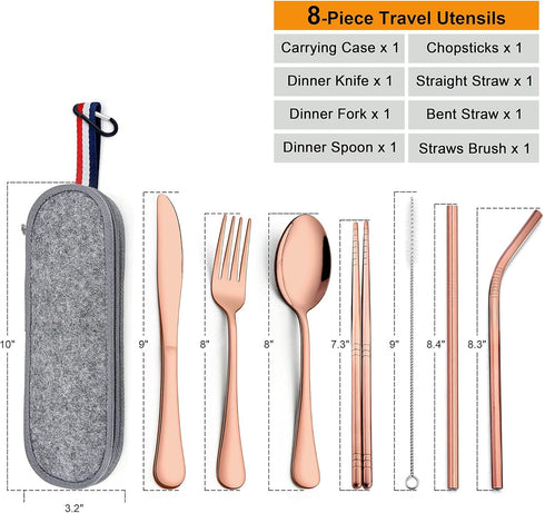 LIANYU 8-Piece Portable Utensils Set, Stainless Steel Copper Travel Silverware Set, Reusable Flatware Cutlery with Straws Chopsticks, Gray Case...