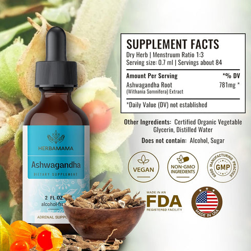 HERBAMAMA Ashwagandha Liquid Drops - Organic Ashwagandha Root Tincture - Ashwagandha Extract Supplements for Men & Women - Vegan Liquid Complex 2 ...