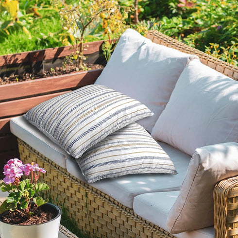 Outdoor Waterproof Throw Pillow Covers 18x18 Inch Set of 2 for Couch Sofa Bed Decorative Spring Farmhouse Blue Yellow Stripe Summer Pillow Case......