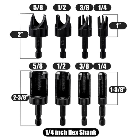 Yakamoz 8Pcs Wood Plug Cutter Set, 1/4 Inch Hex Shank Straight and Tapered Wood Hole Plug Cutters Cork Drill Bits Cutting Tool 5/8" 1/2" 3/8" 1/4"...