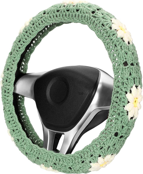 Crochet Steering Wheel Cover Set,Cute Car Steering Wheel Cover Boho 14-15 in,Handmade Daisy Granny Square Pattern Gift,Women Car Accessories (A Wh...