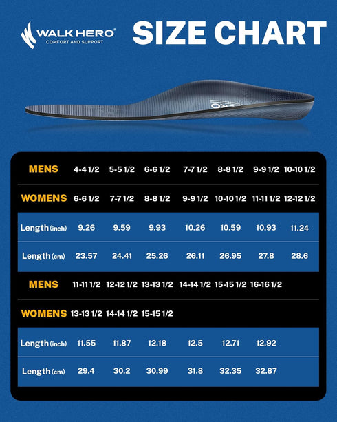 Walkhero Plantar Fasciitis Pain Relief Insoles High Arch Support Orthotic Shoes Inserts, Relieve Flat Feet and Foot Fatigue (Mens 9-9 1/2 | Womens...