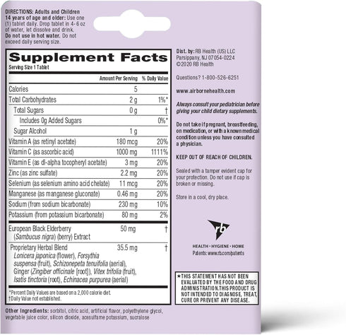 Airborne Elderberry + Zinc & Vitamin C Effervescent Tablets, Immune Support Supplement With Powerful Antioxidant Vitamins A C E, 20 Fizzy Drink Ta...