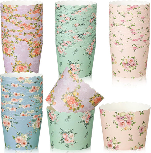 Uiifan 60 Pcs Floral Paper Baking Cups Disposable Greaseproof Baking Cups Bulk Floral Muffin Baking Cups Flower Cupcake Wrappers for Birthday Wedd...
