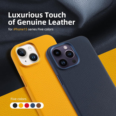 Genuine Leather Case for iPhone 15 Pro Max (6.7 inch) Top Litchi Grain Leather Magnetic Phone Case- Compatible with Magsafe - Yellow...