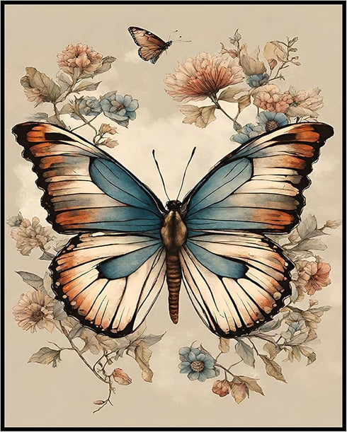 Posterizer 1 pcs- Blue and orange butterfy with wild flowers-Art for Animal Lovers-Floral Botanical Art- Gift for Men Women Teens-Living Room Bedr...