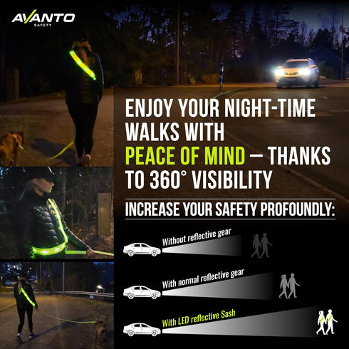AVANTO LED Reflective Sash, Original, USB-C, Reflective Vest for Walking, Led Belt for Dog Walking, Reflective Vest for Walking, Wearable Led Ligh...