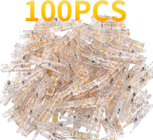100 Pieces Clear Plastic Utility Paper Clip, Photo Paper Peg Pin, Clothes Line Clips, Craft Clips, 3.5 x 0.5cm x 0.7cm (Gold Glittered)...
