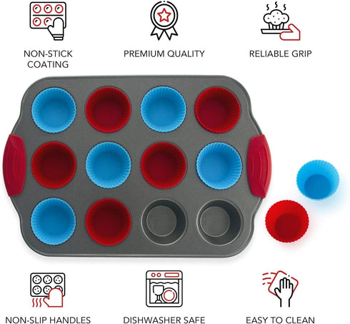 Boxiki Kitchen 12 Cup Mini Muffin Pan with Silicone Muffin Liners. Professional Cupcake Pan for Baking Muffin Mold, Mini Muffin Tin Non-Stick Stee...