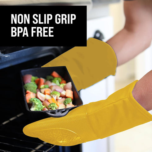 BPA-Free Soft Silicone Oven Mitts - Ultra Heat Resistant Oven Mitts with Thick Cotton Liner - Long Slip Resistant Pot Holders, Flexible Oven Glove...