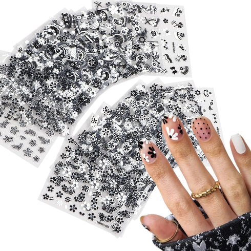 30 Sheets Flower Nail Art Stickers Black White Floral Butterfly Nail Decals 3D Self-Adhesive Daisy Nail Art Design Supplies for Women Girls Hibisc...