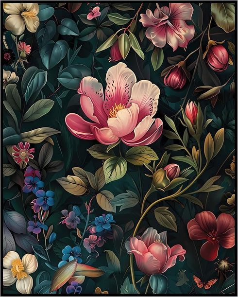 Posterizer 1 pcs-pink and blue flowers with dark background-Floral & Botanical Art-Abstract & Modern Art-Decor for Home & Office- UNFRAMED Wall Ar...