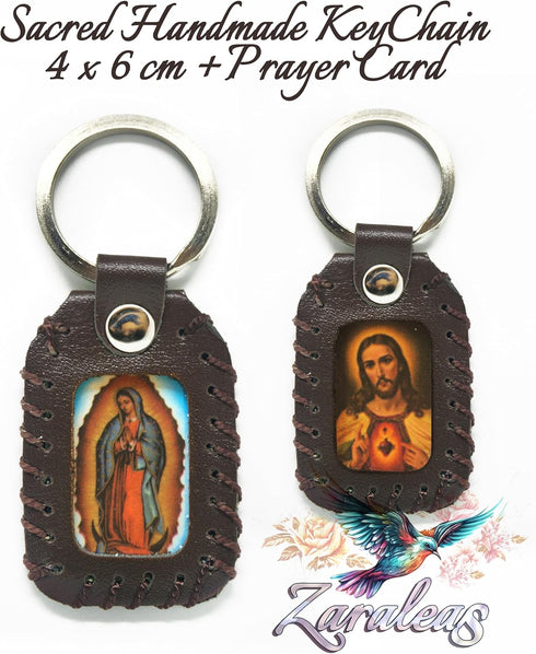 Catholic Keychain Brown Leather Handmade of Sacred Heart of Jesus & Guadalupe Virgin 4cm x 6cm by Zaraleas...
