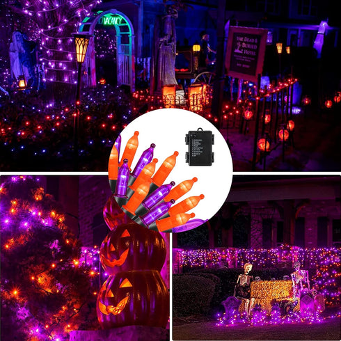 Dazzle Bright Purple and Orange Halloween Lights Battery Operated, 2 Pack Total 100LED 32FT Waterproof Mini String Lights with 8 Modes, Halloween ...