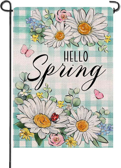 Hello Spring Daisy Flower Small Decorative Garden Flag, Floral Eucalyptus Leaves Teal Plaid Yard Lawn Outside Decor, Butterfly Farmhouse Burlap Ou...