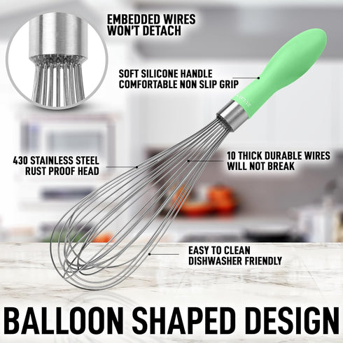 Zulay Kitchen Stainless Steel Balloon Whisk 12 Inch – Heavy Duty and Durable Wire Whisk with Non-Slip Silicone Handle for Blending, Whipping & Bea...