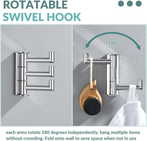APLusee Swivel Towel Hook Polished Chrome, 304 Stainless Steel Triple Robe Hook with Multi Three Rotating Arms, Foldable Clothes Hanger, Wall Moun...