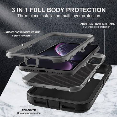 for iPhone XR Case, Military Grade 3 in 1 Heavy Duty Shockproof/Drop Proof/Dust Proof Case with 2Pcs Tempered Glass Screen Protector (Black/Grey)....
