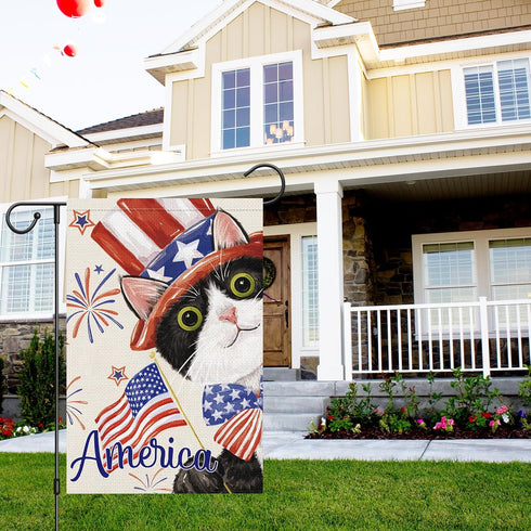 4th of July Patriotic Black Cat Garden Flag 12x18 Inch Double Sided, America Independence Day Flag Memorial Day Firework Yard Banner for Outdoor H...