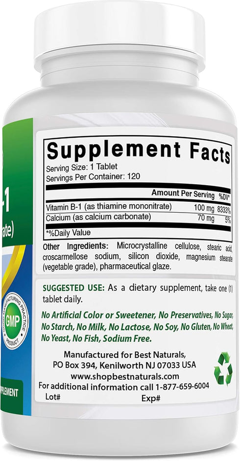 Best Naturals Vitamin B1 as Thiamine Mononitrate 100 mg 120 Tablets (120 Count (Pack of 1))...