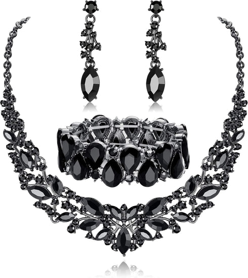 FIASASO Black Bridal Jewelry Set for Women Rhinestone Wedding Necklace Bracelet Dangle Earrings for Bride Bridesmaid Prom Jewelry Accessories...