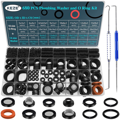 680 PCS Rubber Washer Assortment Kit 14 Size Water Hose Washers and 18 Size Nitrile O Ring Washers Set for Outside Faucet Spigot Garden Hose Press...