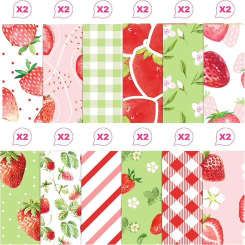 VIVIQUEN 24 Pack Sweet Strawberry Pattern Double-Sided Paper, 12-inches Fruit Plaid Textured Scrapbook Paper Craft Paper Folded Flat for DIY Backg...