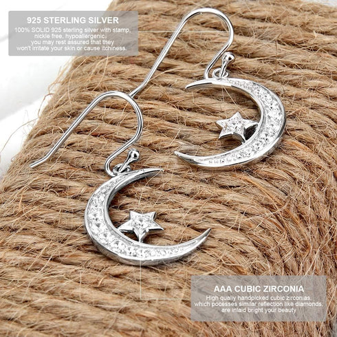 Sterling Silver Round Cubic Zirconia Crescent Moon & Star Dangle Earrings Star Jewelry for Women Mom...