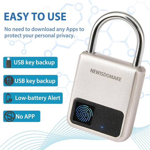 Fingerprint Padlock, Smart Padlock with USB Charging Support, Fingerprint Lock, Biometric Lock Suitable for Luggage, Bookcase, Suitcase, Backpack,...