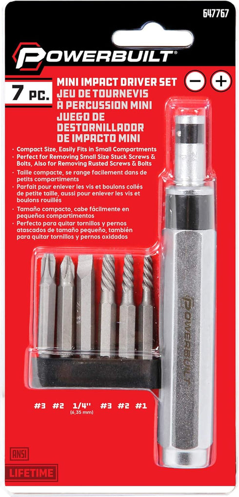 Powerbuilt - 7 Pc. Mini Impact Driver & Extractor Set, Hand Tools, Bit Drivers & Bits, Bit Drivers - Multi-In-One (647767), Silver...